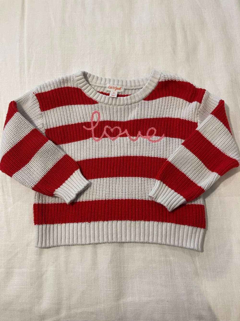 Cat & Jack Red and White Striped 'Love' Crewneck Sweater